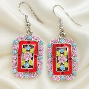 Red Crystal Floral Drop Earrings – Silver-Tone Colorful Statement Jewelry